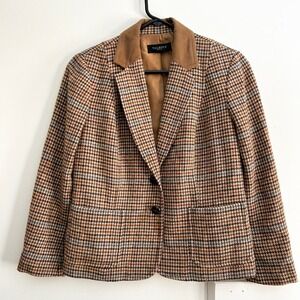 Talbots Petites Brown Houndstooth Blazer Elbow Patches Suede Collar 6P Womens
